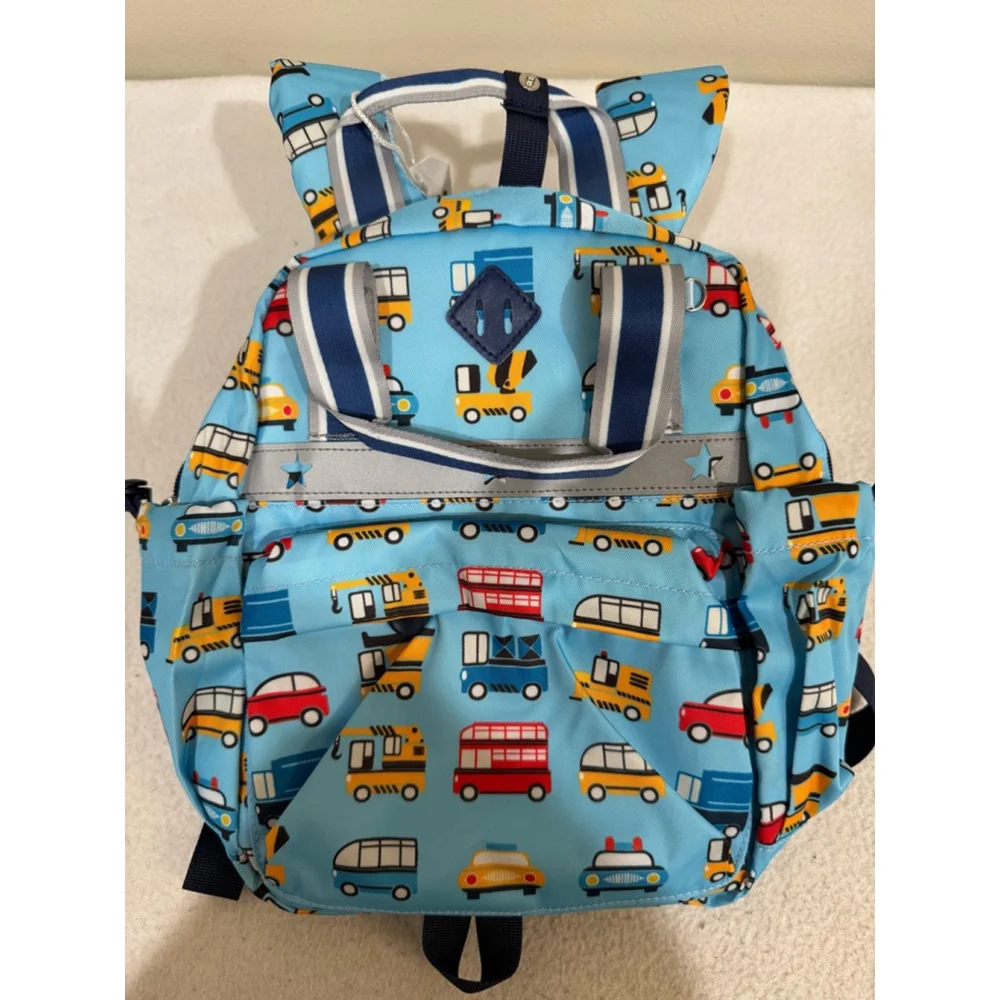 Boys QIXIU Backpack Small Blue Vehicle Print zip and side pockets adjustable